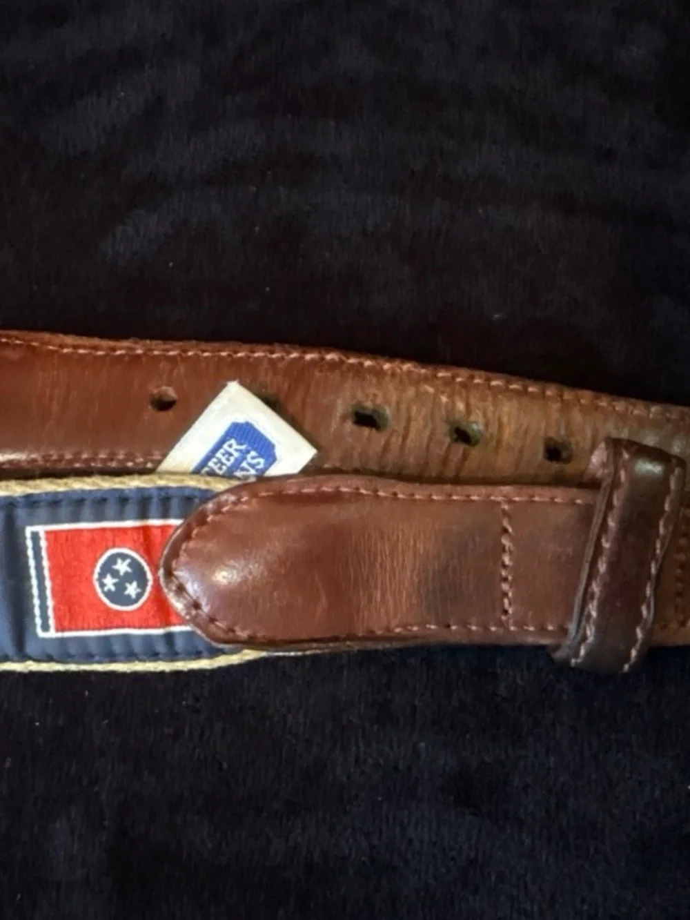Volunteer Traditions TN Flag Webbing Belt Size 32 Tan Blue Leather Preppy VGUC
